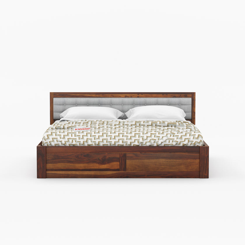 Woofa Sheesham Wood Modern Bed with Cushioned Headboard