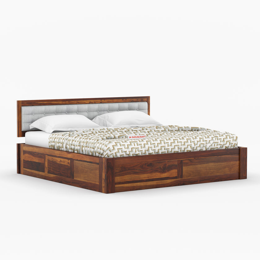 Woofa Sheesham Wood Modern Bed with Cushioned Headboard