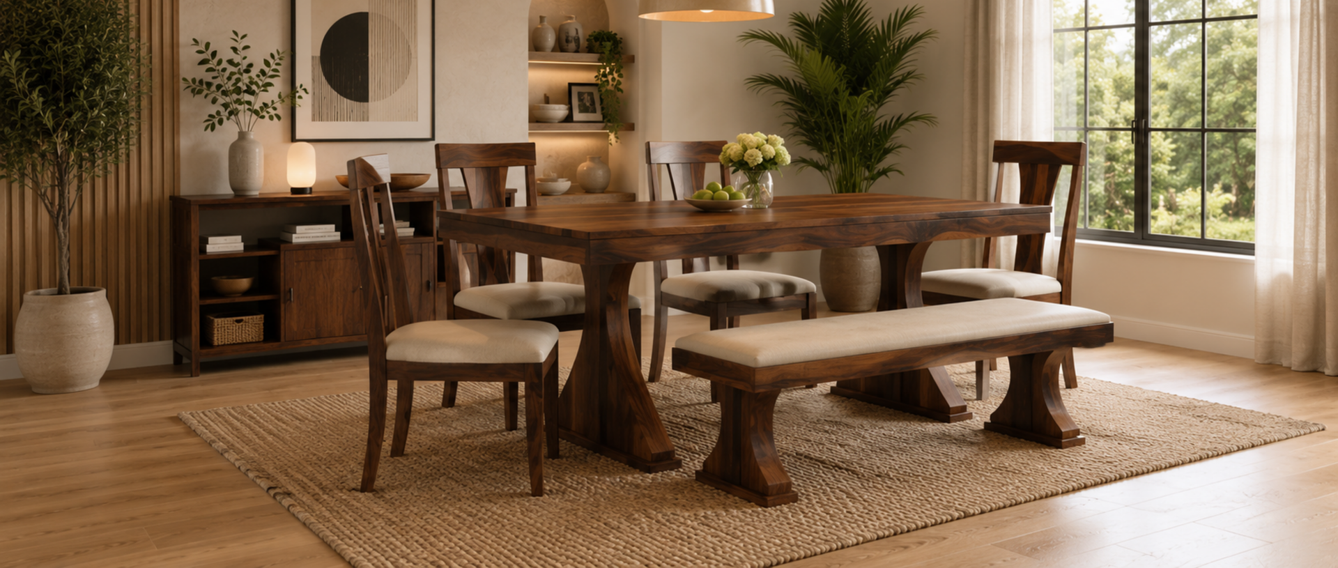 Yeshua Contemporary Sheesham 6 Seater Dining Set with Bench