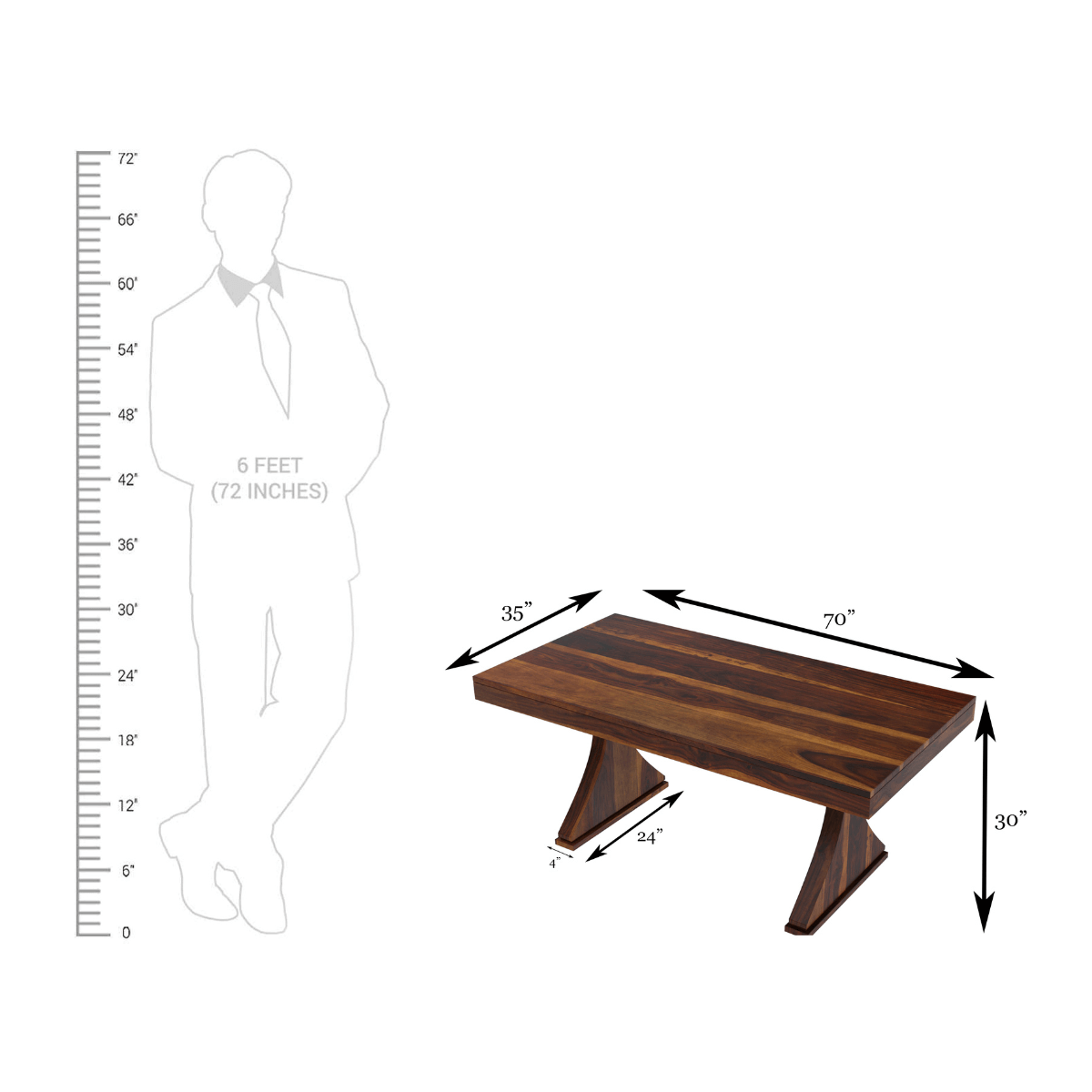 Wooden dining table with dimensions labeled next to a silhouette of a person for scale.