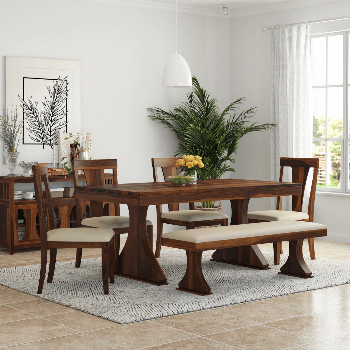 Yeshua Sheesham Wood Double Pedestal Base 6 Seater Dining Table
