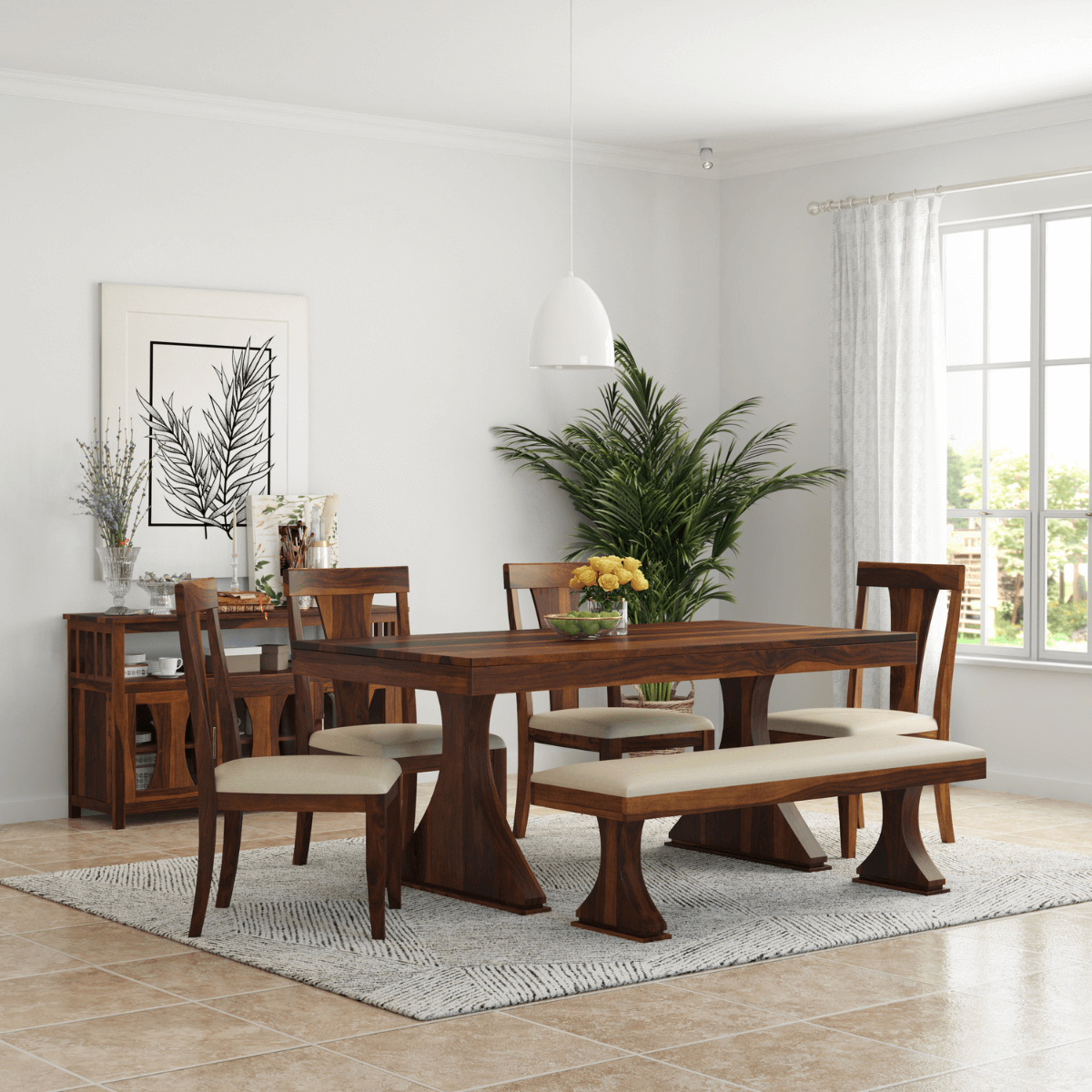 Yeshua Contemporary Sheesham 6 Seater Dining Set with Bench