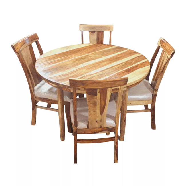 Wooden dining table with four chairs on a white background