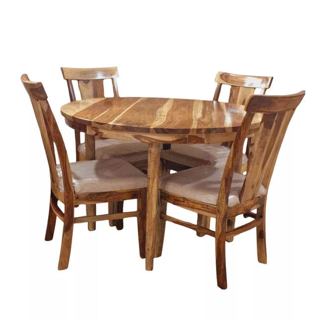 Wooden dining table set with four chairs on a white background