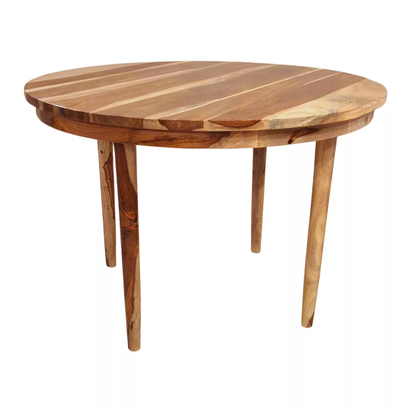 Sheesham round table with a natural finish on a white background