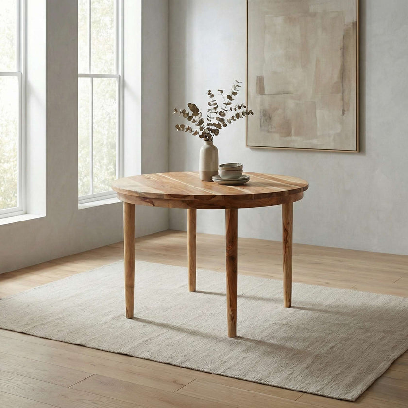 Wooden dining table in a bright room with large windows and a vase on top