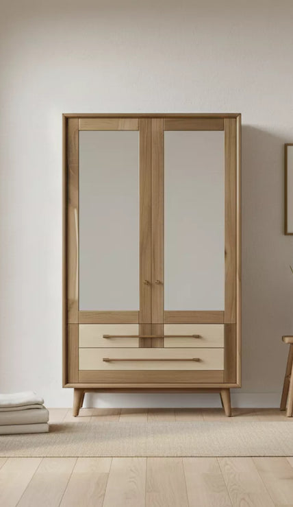 Yuki Two Door Almirah with Glass Panels and Drawer Storage - Induscraft