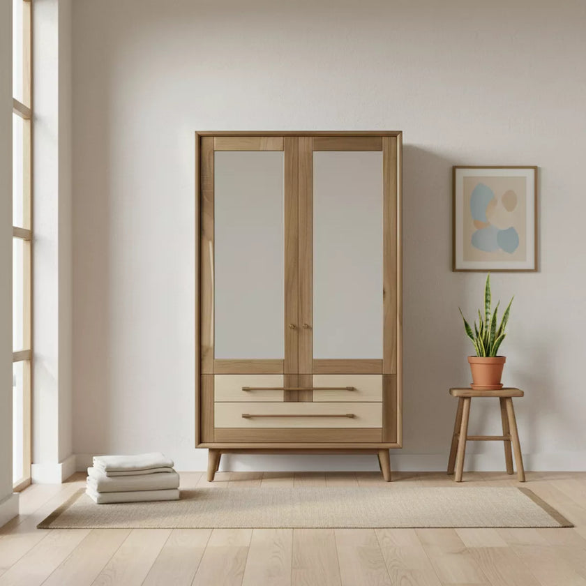 Yuki Two Door Almirah with Glass Panels and Drawer Storage - Induscraft
