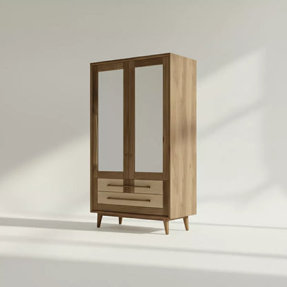 Yuki Two Door Almirah with Glass Panels and Drawer Storage