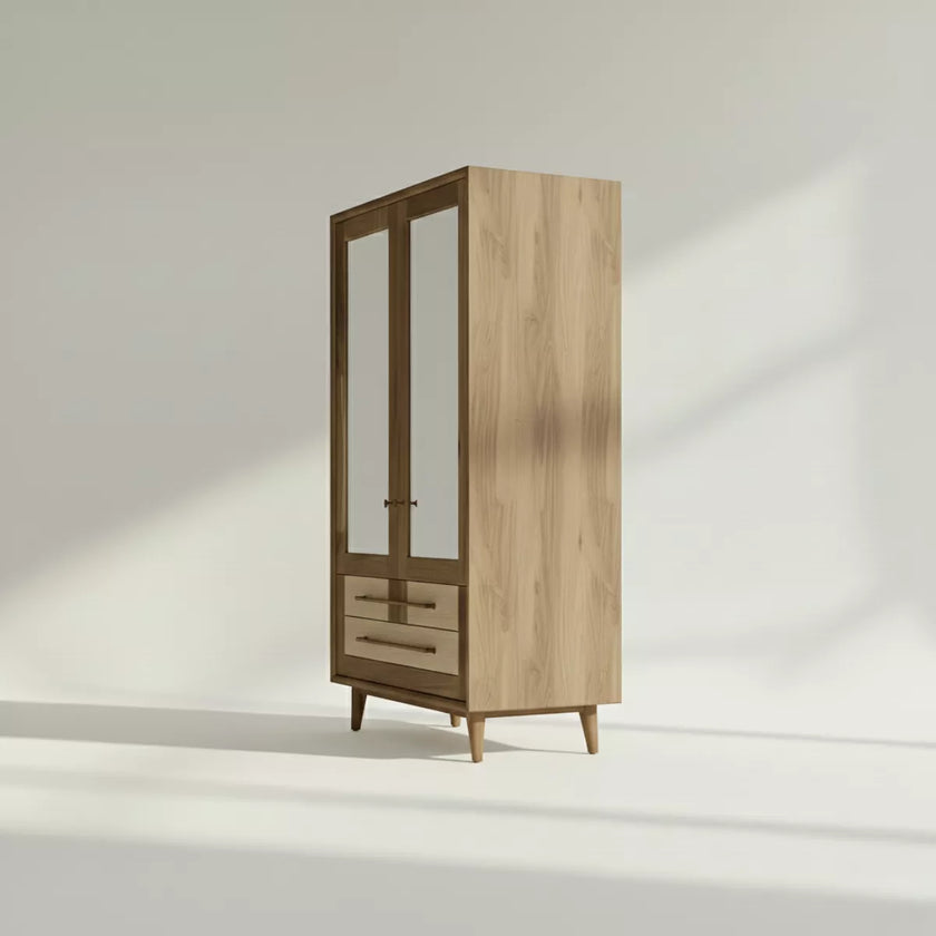 Yuki Two Door Almirah with Glass Panels and Drawer Storage - Induscraft