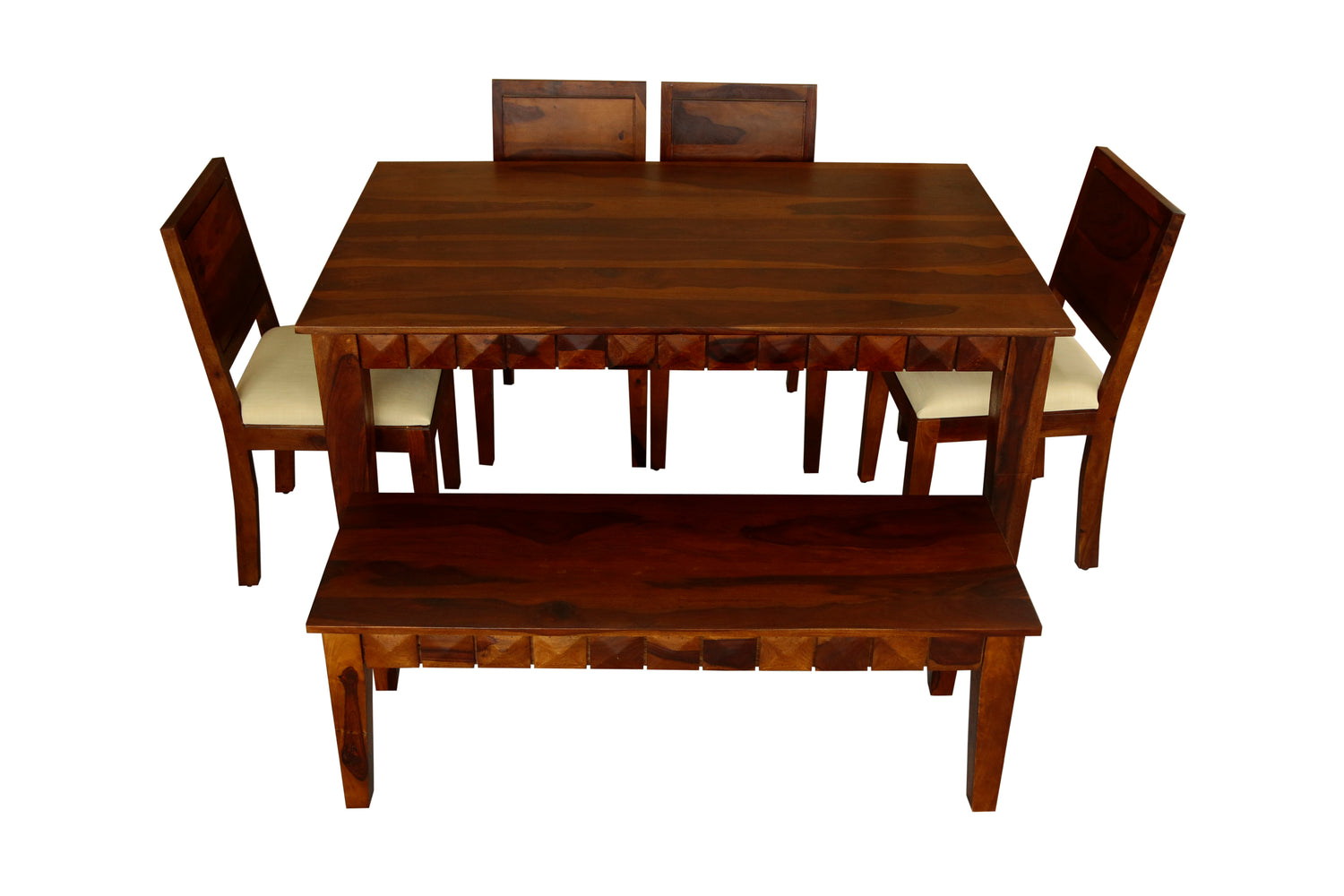 Antilla Dining Table with Chairs and Bench (6 Seater) by Induscraft in Solid Sheesham Wood for Dining Table