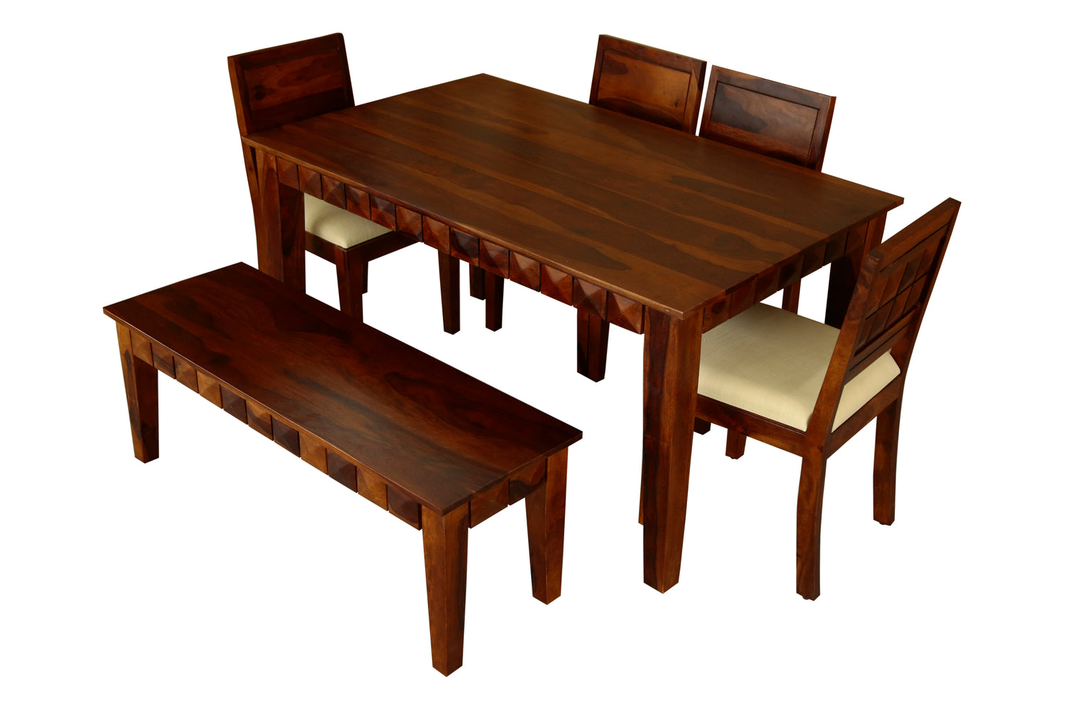 Antilla Dining Table with Chairs and Bench (6 Seater) by Induscraft in Solid Sheesham Wood for Dining Table