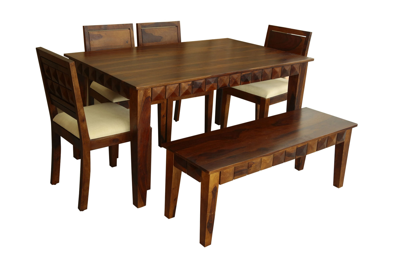 Antilla Dining Table with Chairs and Bench (6 Seater) by Induscraft in Solid Sheesham Wood for Dining Table