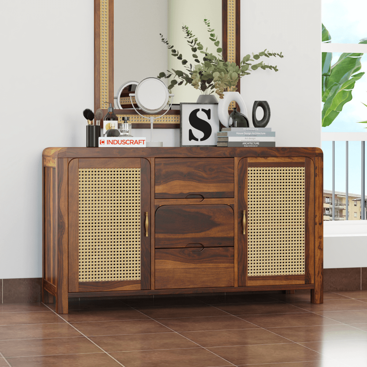 Zavya Sheesham Modern Rattan Sideboard with 2 door and 3 Drawers