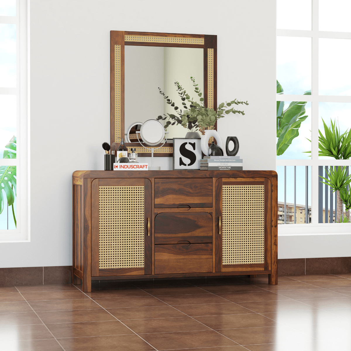 Zavya Sheesham Modern Rattan Sideboard with 2 door and 3 Drawers