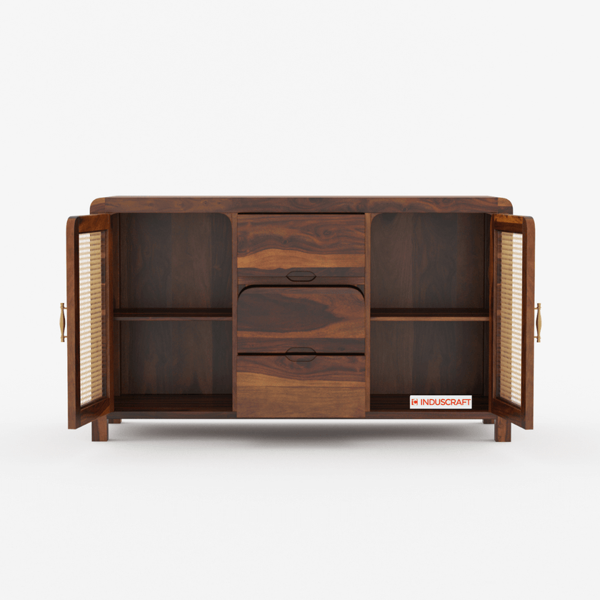 Wooden cabinet with open doors on a white background