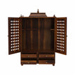 Aaradhya wooden pooja mandir for home with jali doors and 4 drawers front open view white background