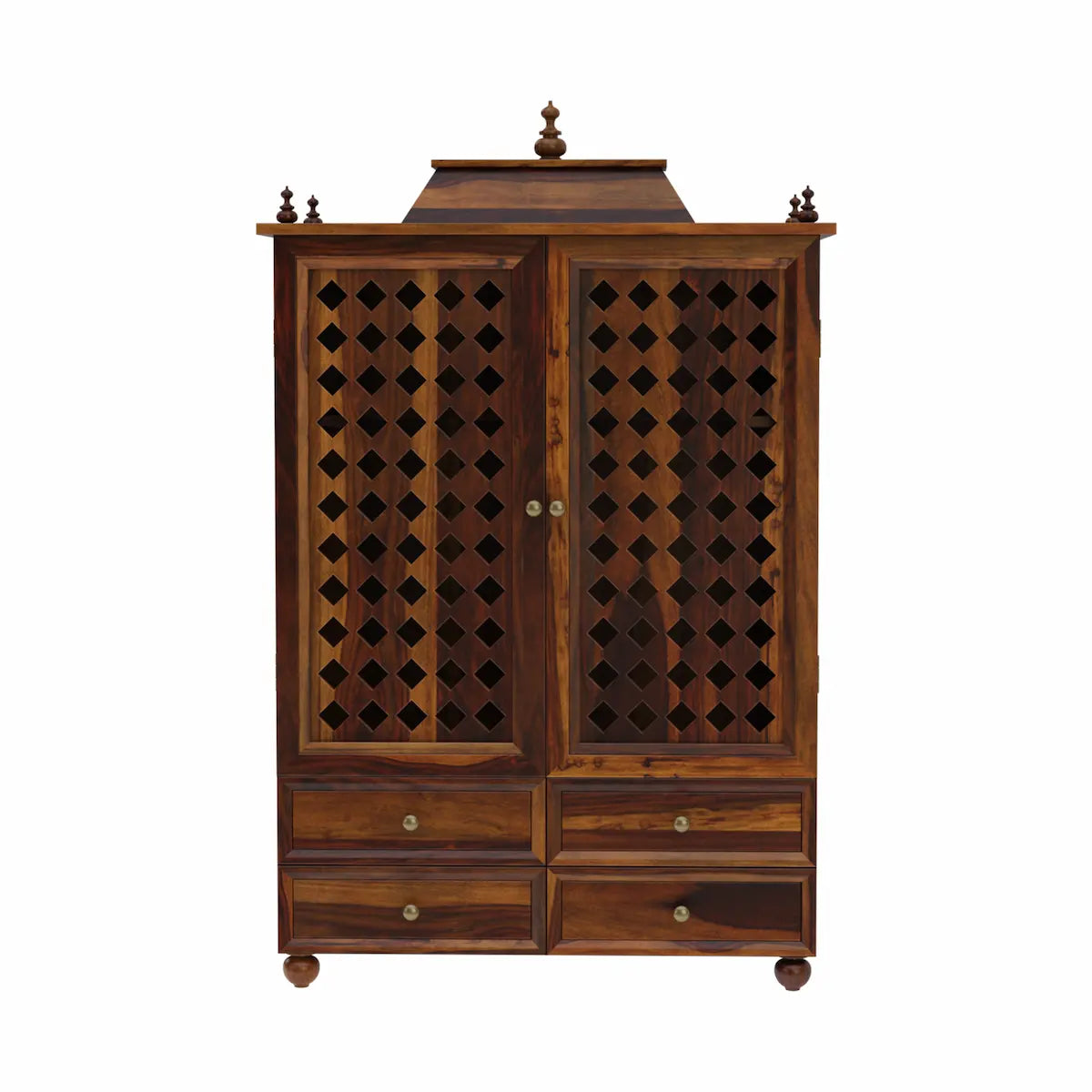 Aaradhya wooden pooja mandir for home with jali doors and 4 drawers front view white background