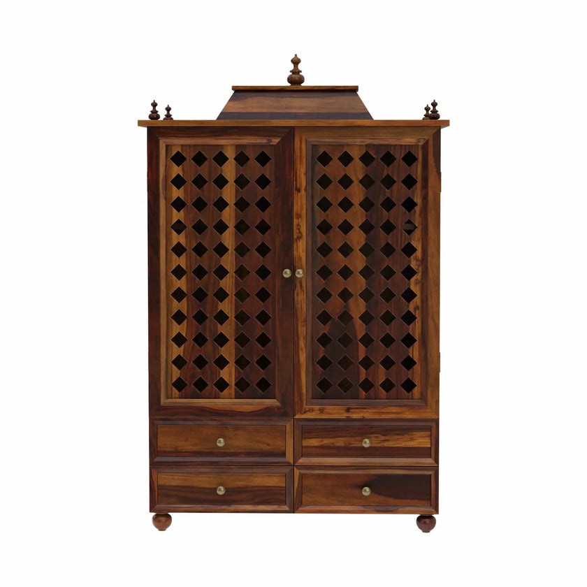 Aaradhya wooden pooja mandir for home with jali doors and 4 drawers front view white background