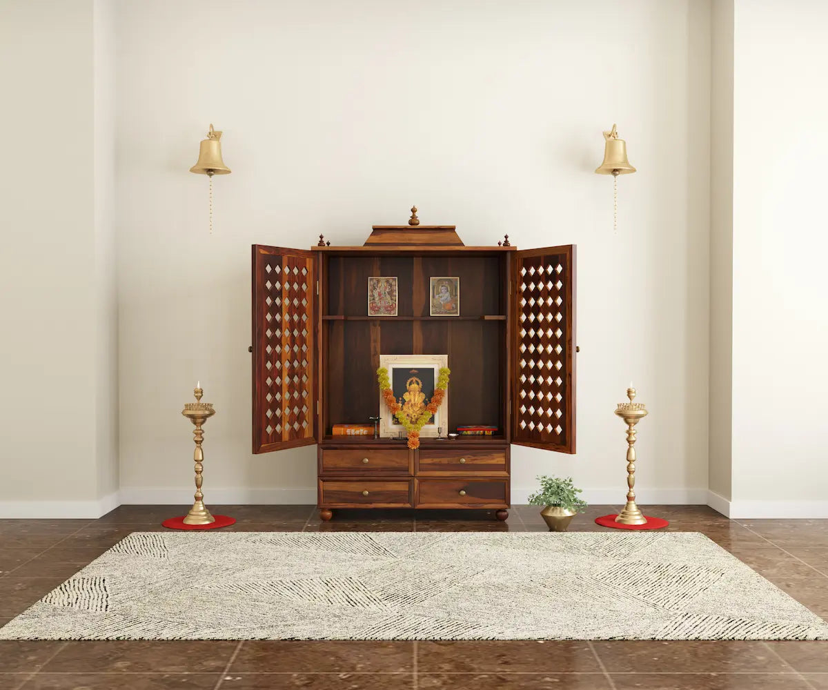 Aaradhya wooden pooja mandir for home with jali doors and 4 drawers placed against the wall premium interior zoom-out view