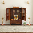 Aaradhya wooden pooja mandir for home with jali doors and 4 drawers placed against the wall premium interior