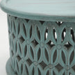 Close-up of hand carved jali work on Aarav blue distressed coffee table