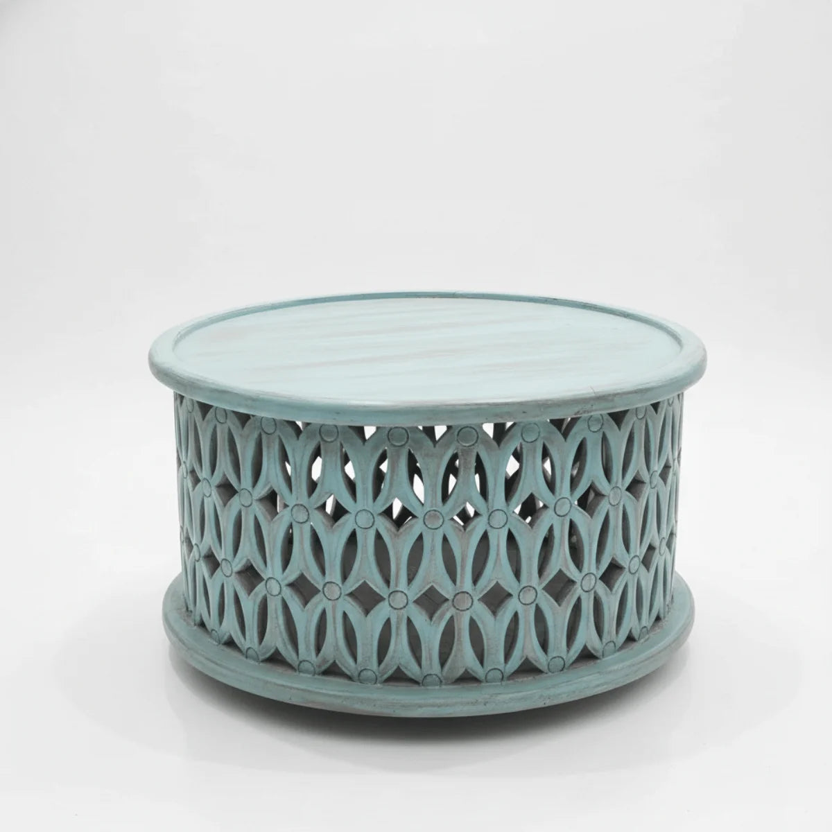 Aarav hand carved round wooden coffee table with blue distressed jali pattern