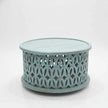 Aarav hand carved round wooden coffee table with blue distressed jali pattern
