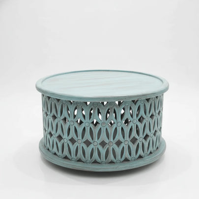 Aarav hand carved round wooden coffee table with blue distressed jali pattern