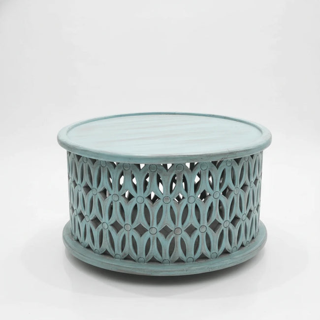 Aarav hand carved round wooden coffee table with blue distressed jali pattern
