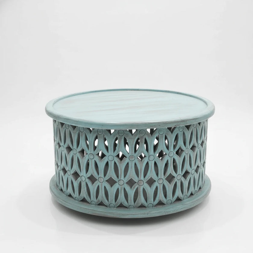 Aarav hand carved round wooden coffee table with blue distressed jali pattern