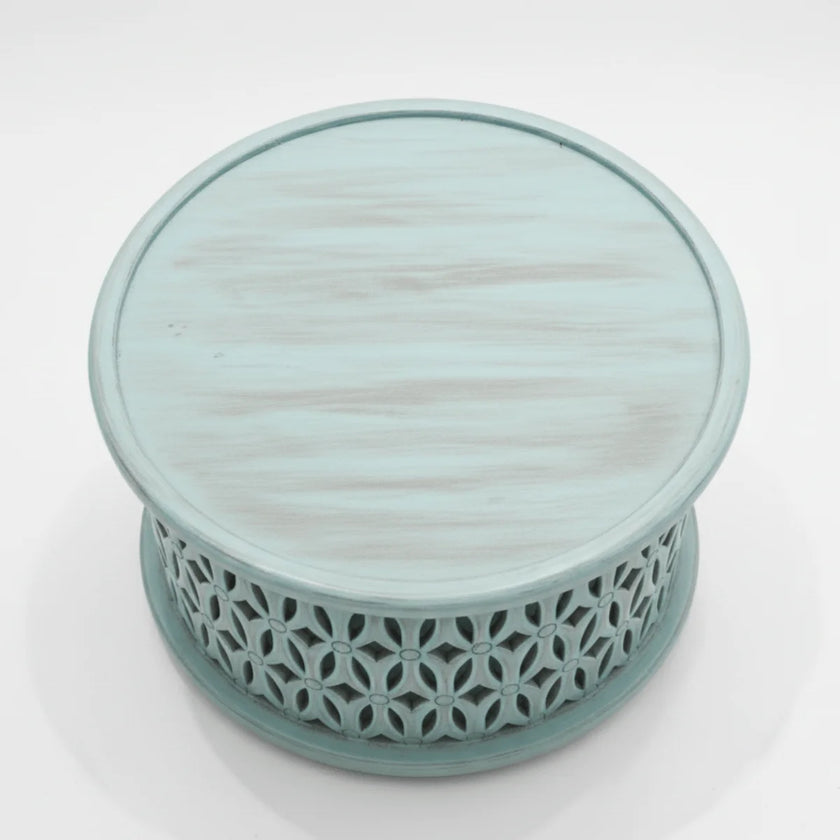 Aarav round coffee table top in blue distressed wood finish