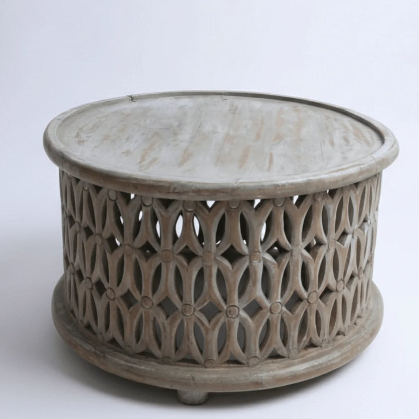 Aarav hand carved round wooden coffee table with white distressed jali pattern