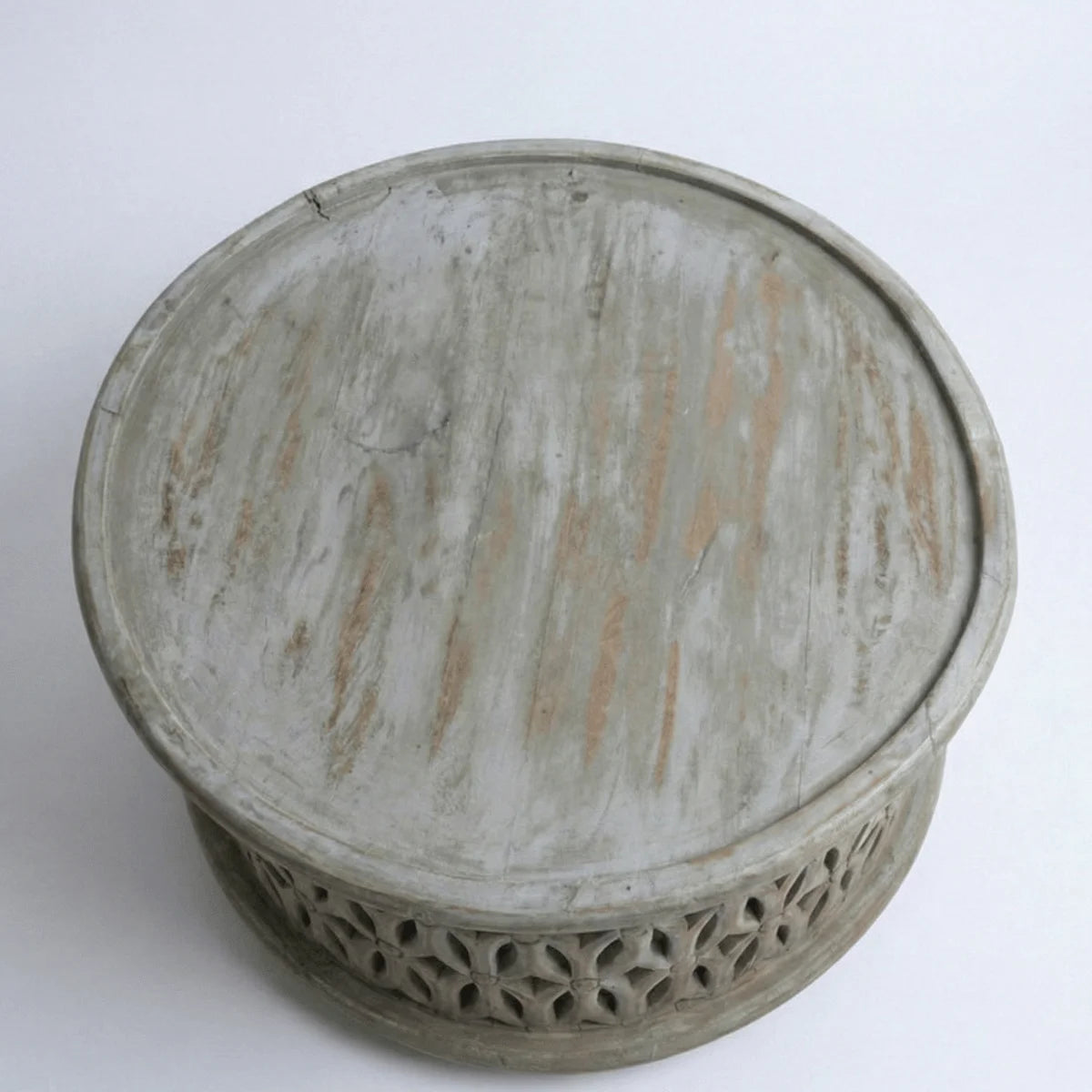 Aarav round coffee table top in white distressed wood finish