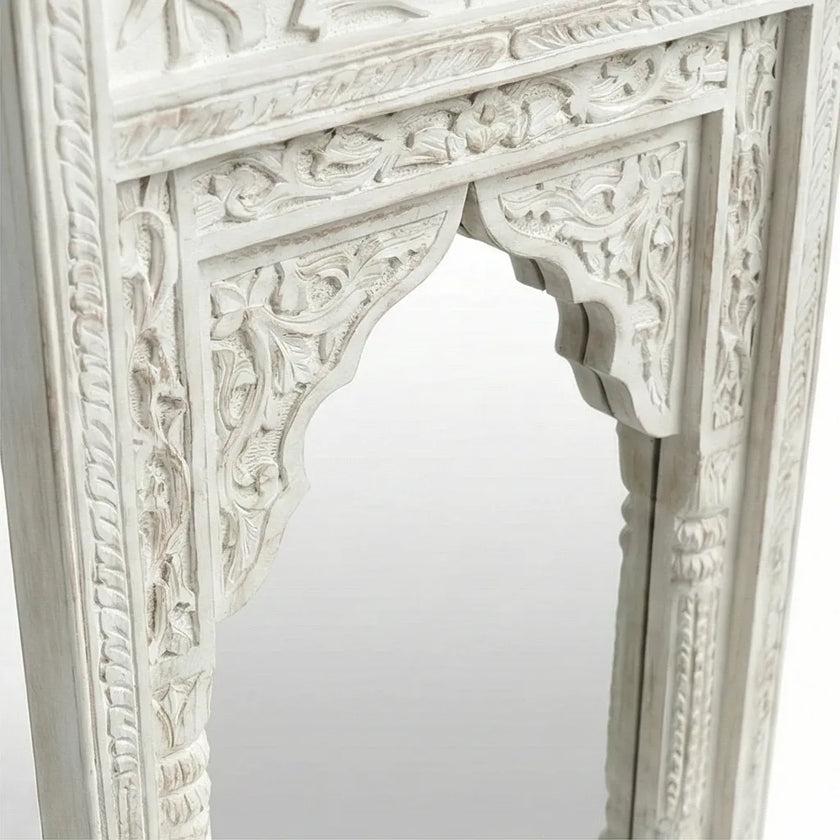Additional angled view of the Aariz hand-carved Mughal arch wall mirror