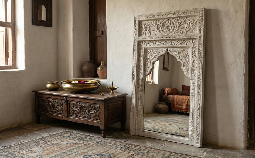 Angled view of the Aariz hand-carved Mughal arch wall mirror showing the carved frame