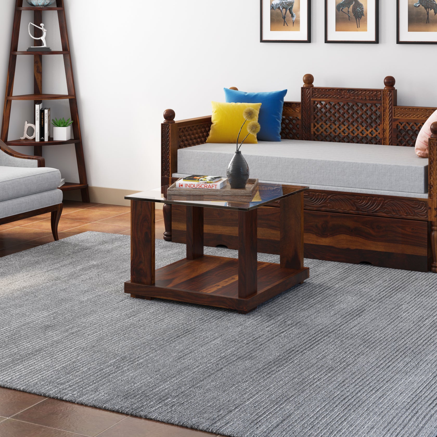 Aeron Modern Small Square Sheesham Wood Coffee Table with Glass Top - Induscraft