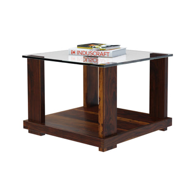 Aeron Modern Small Square Sheesham Wood Coffee Table with Glass Top - Induscraft