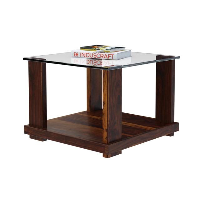 Aeron Modern Small Square Sheesham Wood Coffee Table with Glass Top - Induscraft