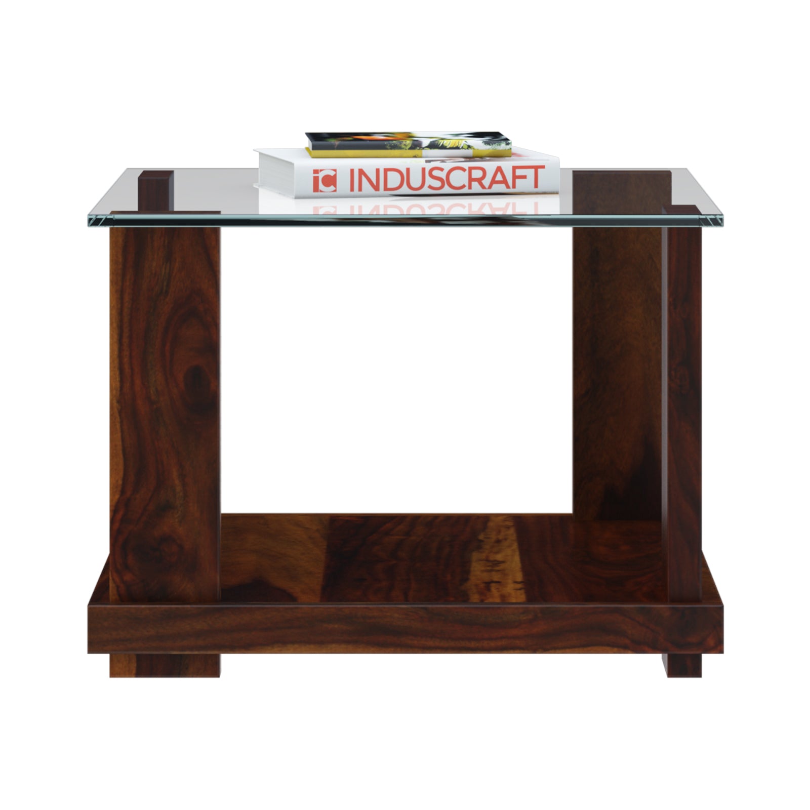 Aeron Modern Small Square Sheesham Wood Coffee Table with Glass Top - Induscraft