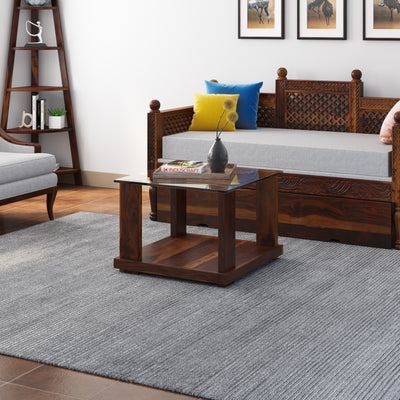 Aeron Modern Small Square Sheesham Wood Coffee Table with Glass Top - Induscraft