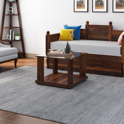 Aeron Modern Small Square Sheesham Wood Coffee Table with Glass Top - Induscraft