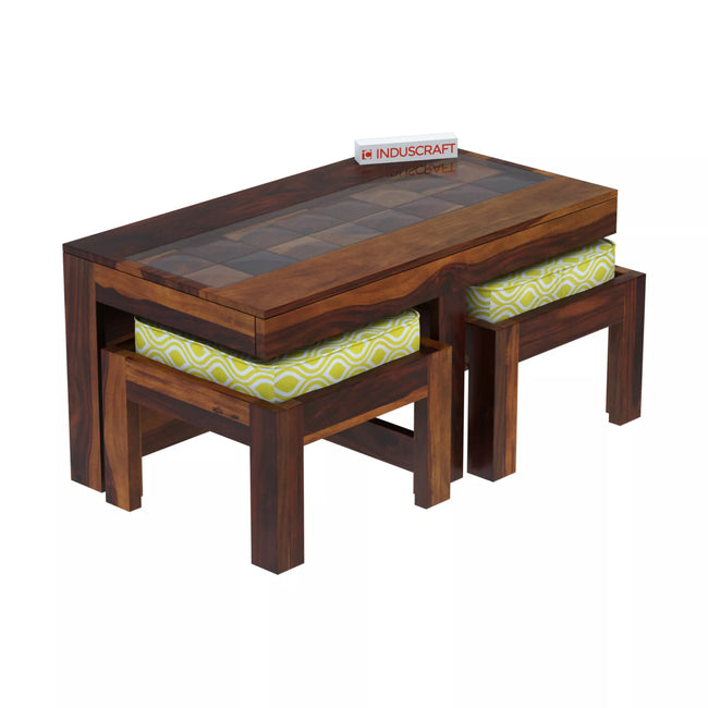 Antilia sheesham wood coffee table with glass inlay top and 2 stools