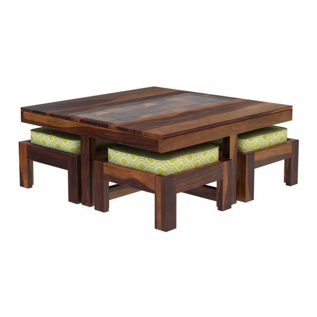 Antilia square sheesham coffee table with 4 cushioned stools isometric view