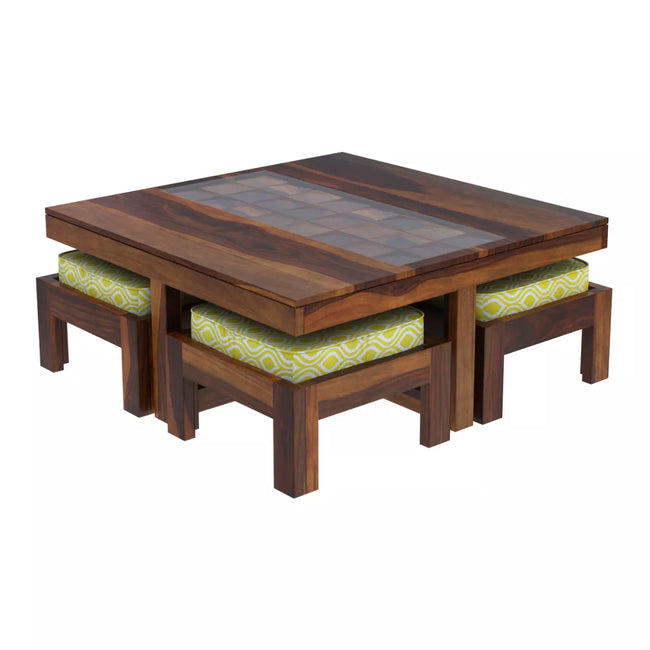 Antilia square sheesham coffee table set with 4 stools tilt view