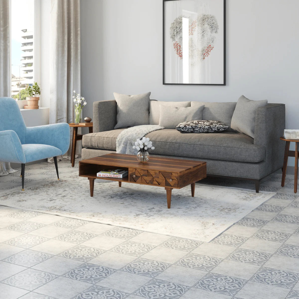 Ashley carved sheesham coffee table in a bright living room