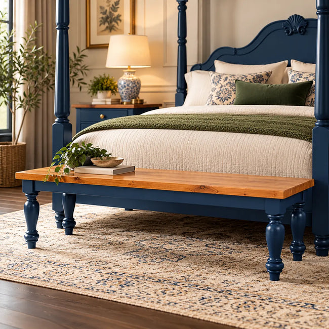 Asteroid Blue Wooden Bench with Natural Wood Seat