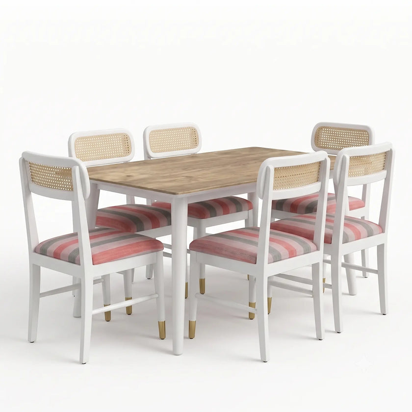 Averlin Solid Wood Cane Back 6 Seater Dining Table Set