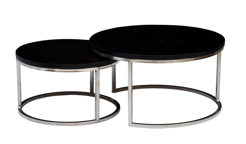 Axton set of 2 round coffee tables with black wood top and chrome iron base