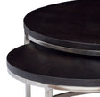 Axton round coffee table dark wood tops and silver metal rims close-up